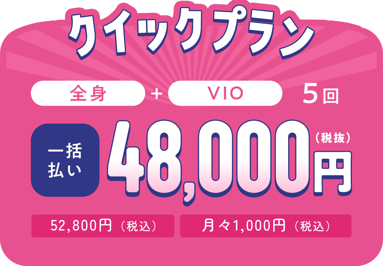 クイックプラン 全身＋VIO 5回。一括払い48,000円税抜、52,800円税込、月々1,000円税込