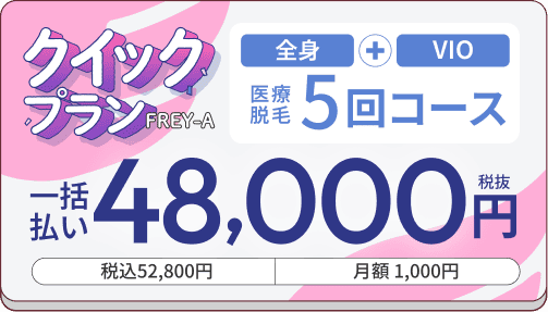 フレイアクリニック U25割 全身+VIO医療脱毛5回コース 一括払い48,000円（税抜・税込52,800円・月額1,000円）